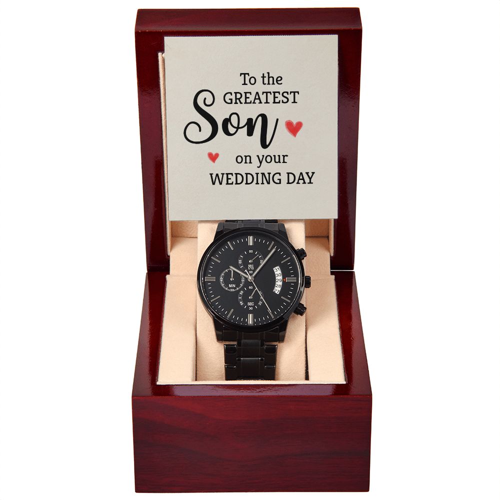To My Son To the Greatest Son Black Chronograph Watch With Message Card in Mahogany Box-Express Your Love Gifts