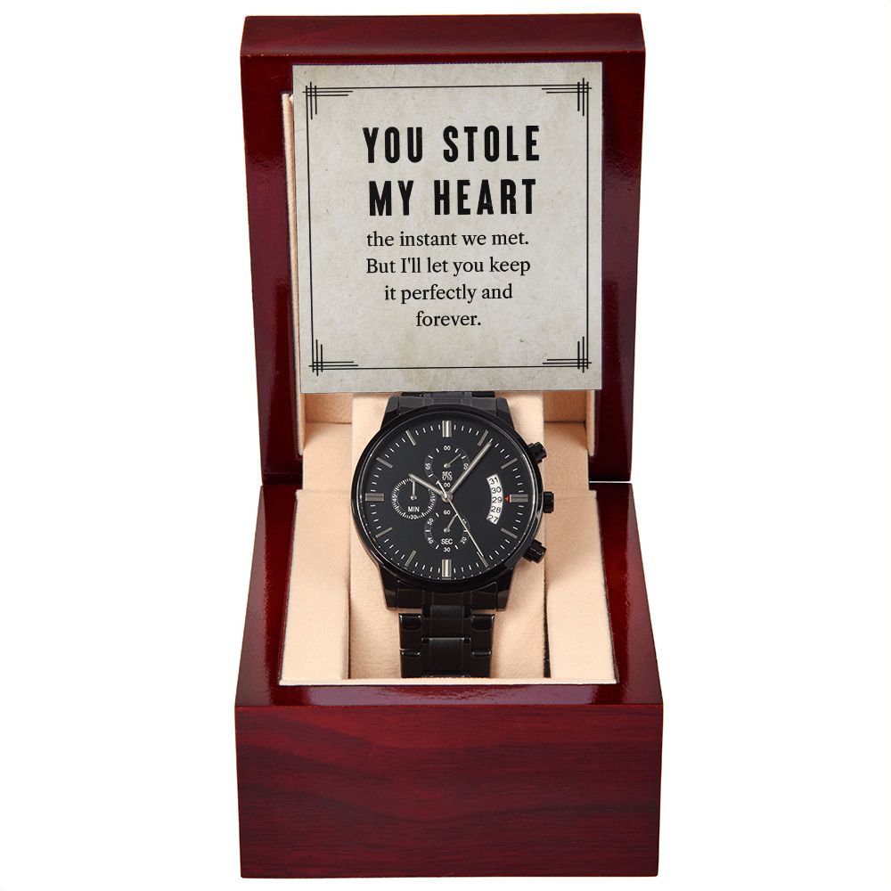 To My Man You Stole My Heart Black Chronograph Watch With Message Card in Mahogany Box-Express Your Love Gifts