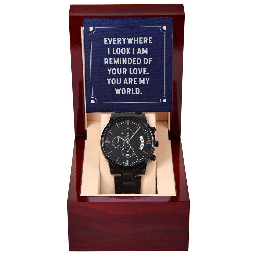 Everywhere I Look Black Chronograph Watch With Message Card in Mahogany Box-Express Your Love Gifts