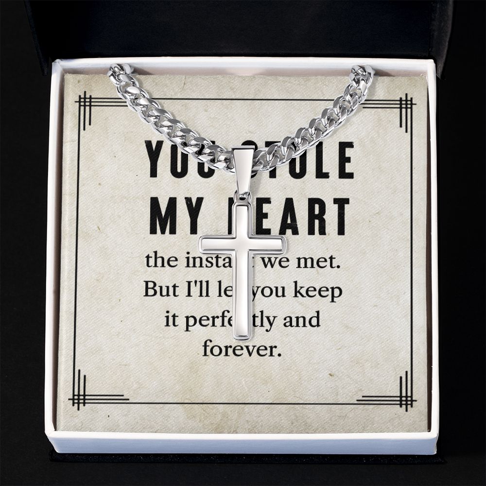 To My Man You Stole My Heart Artisan Cross Cuban Chain Link-Express Your Love Gifts