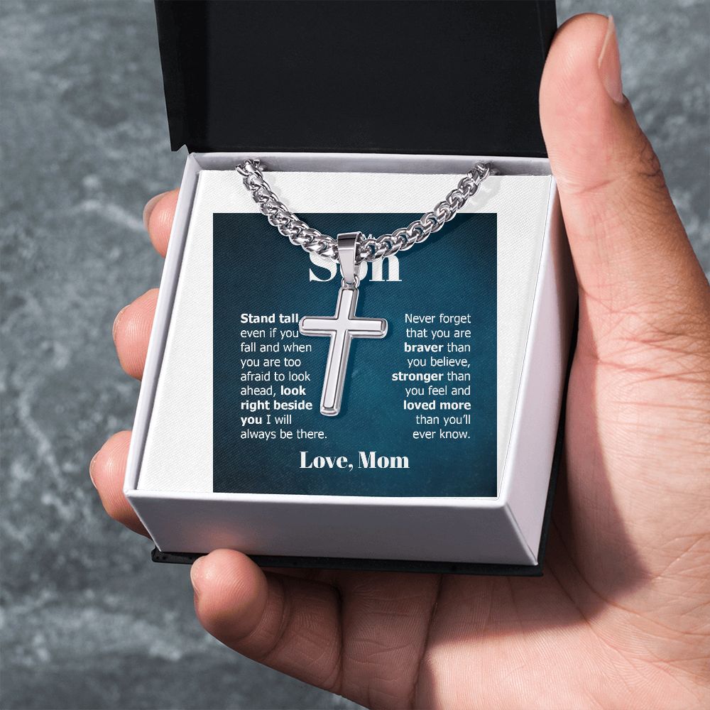 To My Son Stand Tall Even if You Fall Artisan Cross Cuban Chain Link-Express Your Love Gifts