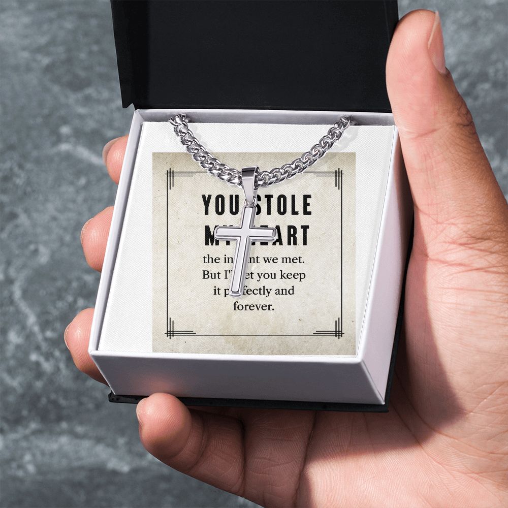 To My Man You Stole My Heart Artisan Cross Cuban Chain Link-Express Your Love Gifts