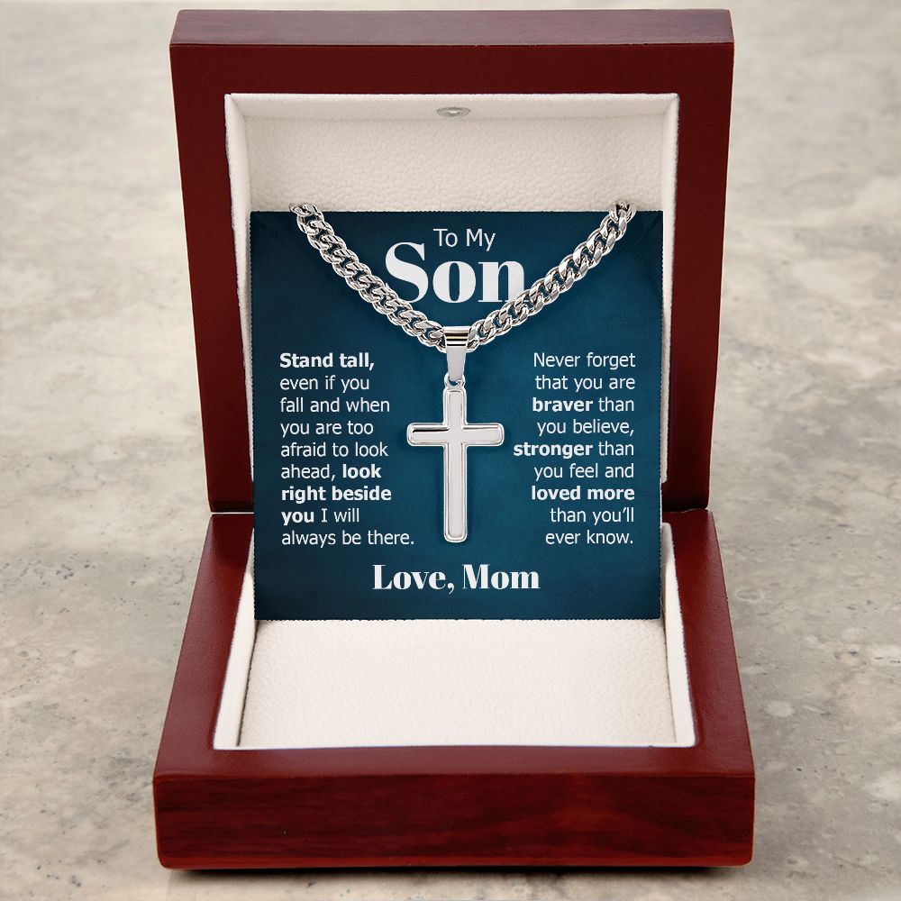 To My Son Stand Tall Even if You Fall Artisan Cross Cuban Chain Link-Express Your Love Gifts