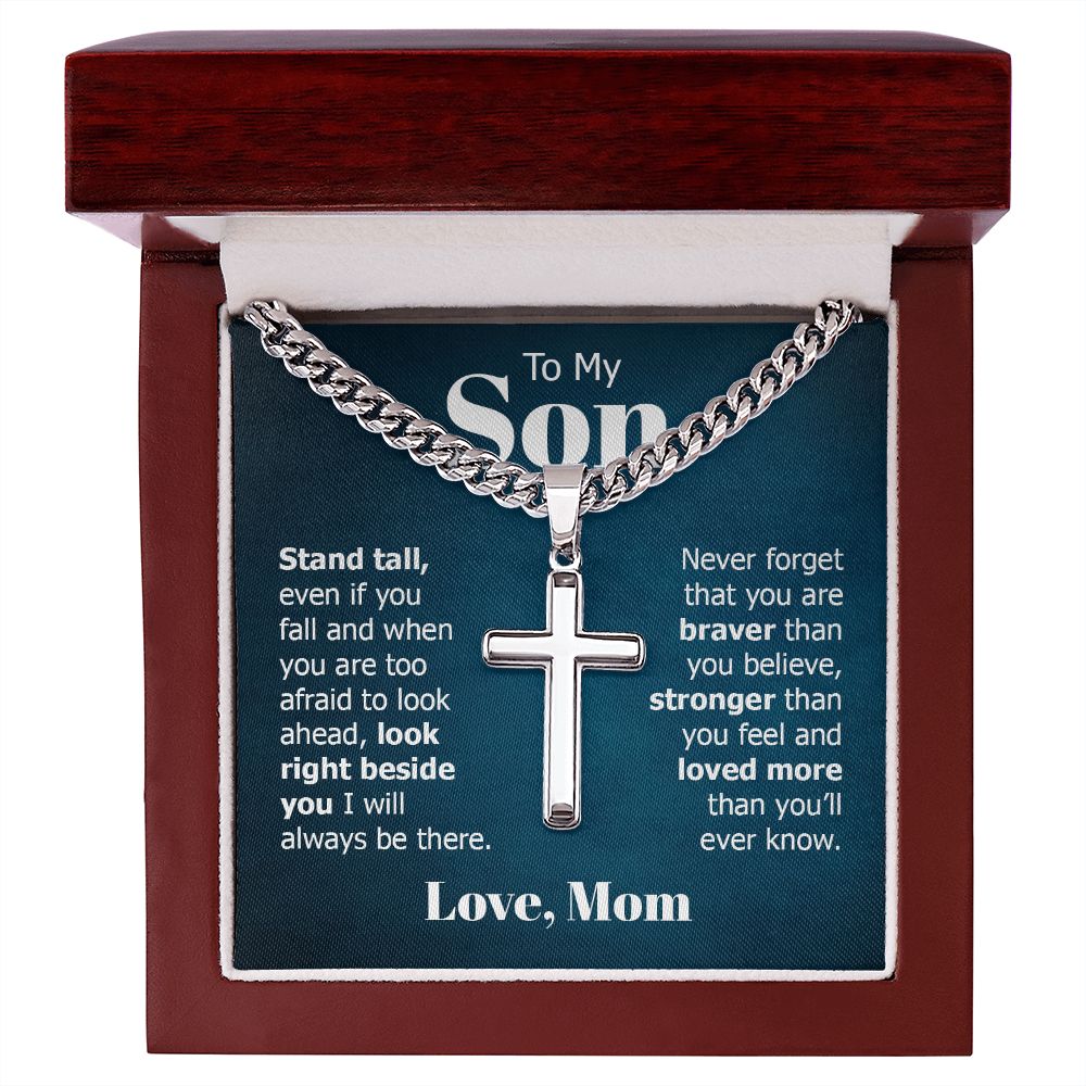 To My Son Stand Tall Even if You Fall Artisan Cross Cuban Chain Link-Express Your Love Gifts