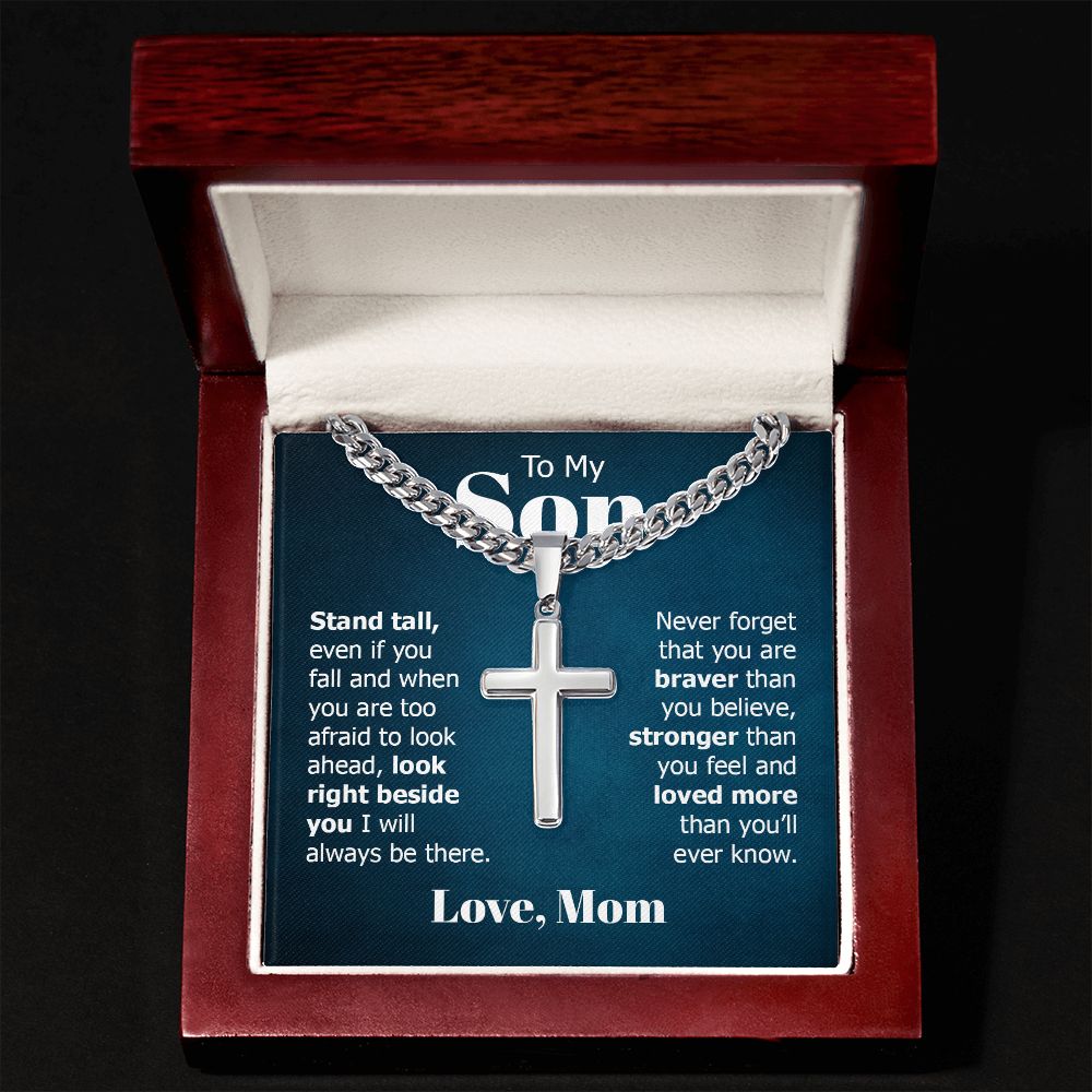 To My Son Stand Tall Even if You Fall Artisan Cross Cuban Chain Link-Express Your Love Gifts