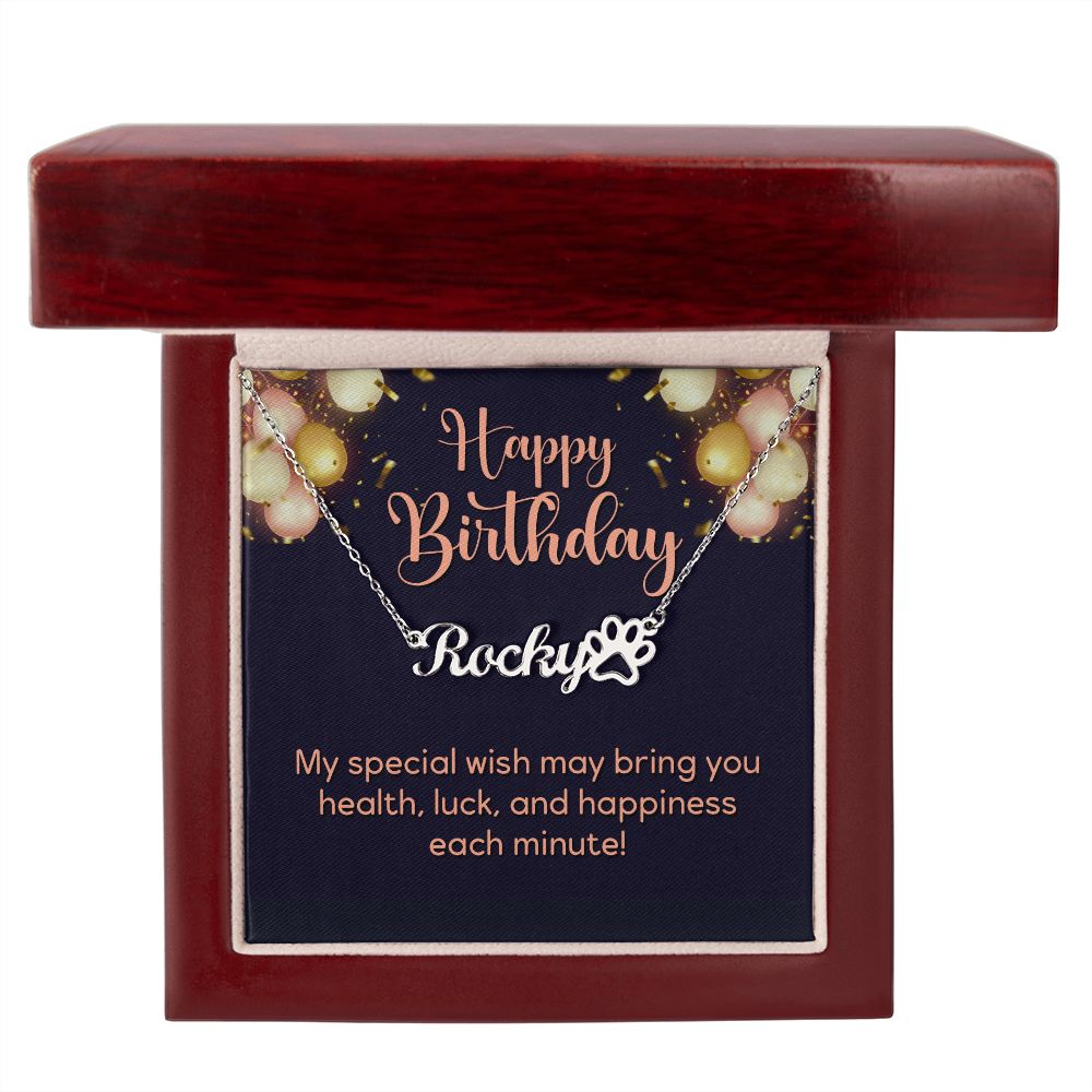 Happy Birthday Happiness Each Minute Name Necklace With Paw Print-Express Your Love Gifts