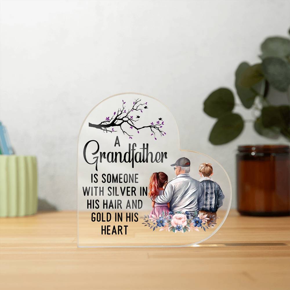Grandfather With Silver Printed Heart Shaped Acrylic Plaque-Express Your Love Gifts