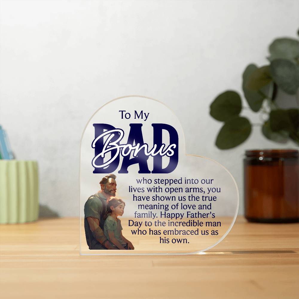 To a Bonus Dad Printed Heart Shaped Acrylic Plaque-Express Your Love Gifts