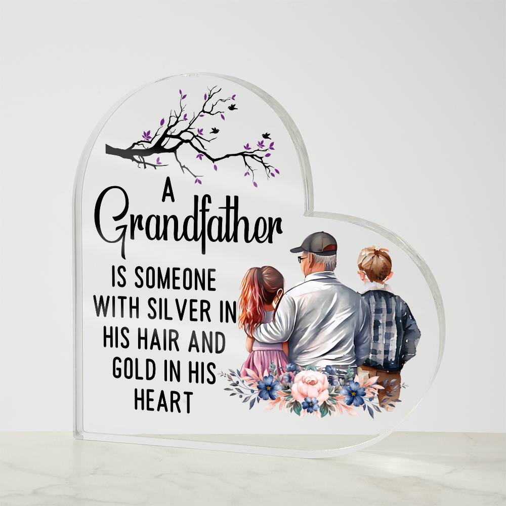 Grandfather With Silver Printed Heart Shaped Acrylic Plaque-Express Your Love Gifts
