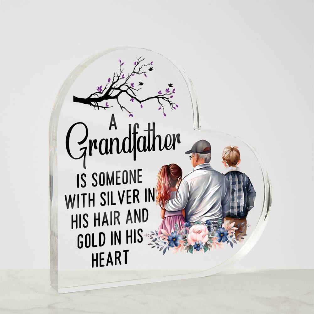Grandfather With Silver Printed Heart Shaped Acrylic Plaque-Express Your Love Gifts