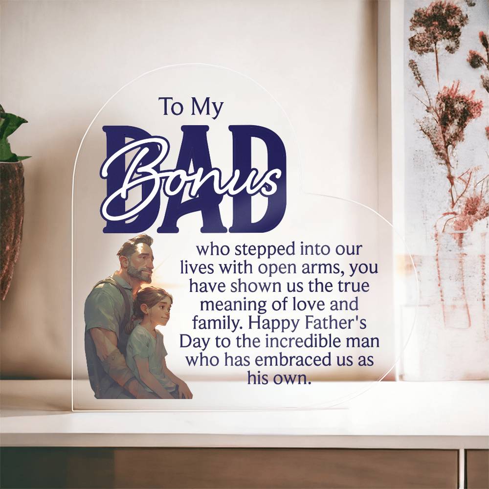 To a Bonus Dad Printed Heart Shaped Acrylic Plaque-Express Your Love Gifts