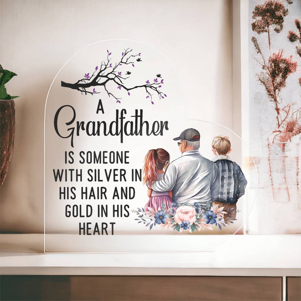 Grandfather With Silver Printed Heart Shaped Acrylic Plaque-Express Your Love Gifts