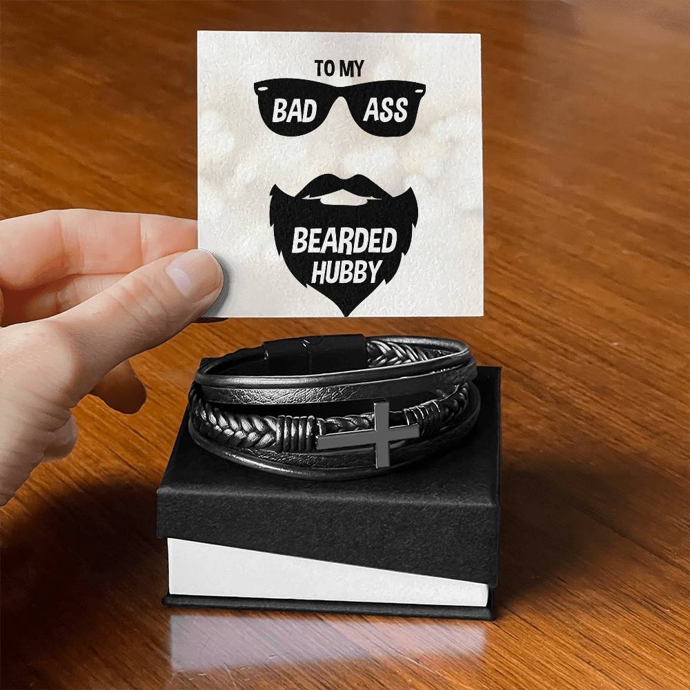 To My Badass Bearded Hubby Men's Cross Bracelet - Vegan Leather with Stainless Steel-Express Your Love Gifts