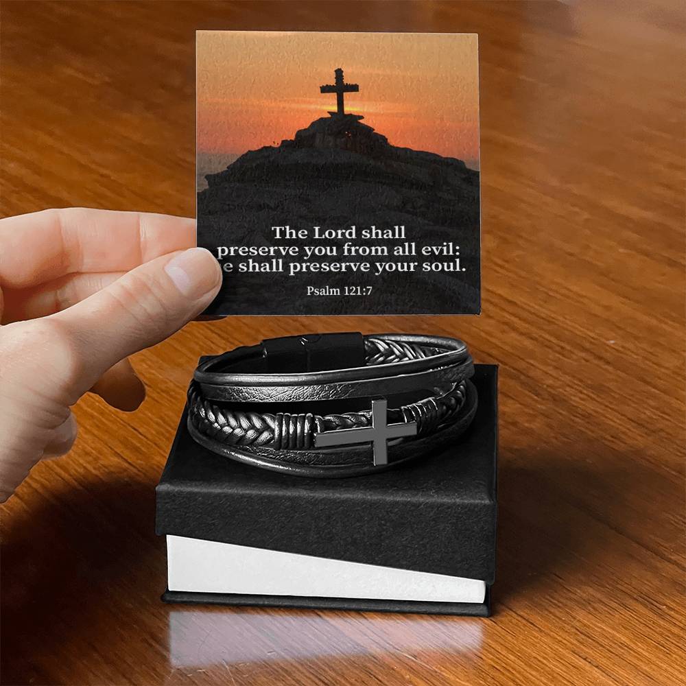 Hope Psalm 121:7 Men's Stainless Steel & Vegan Leather Cross Bracelet - Vegan Leather with Stainless Steel-Express Your Love Gifts