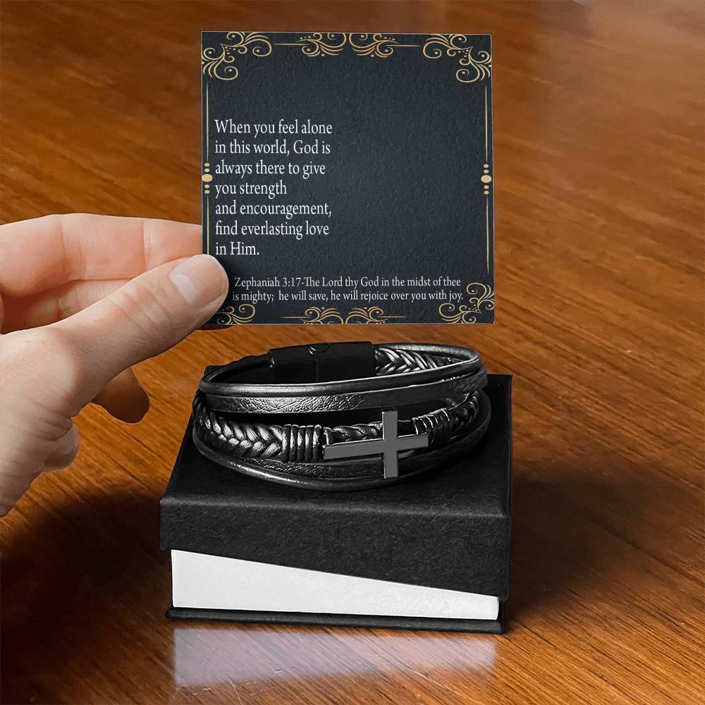 Care & Concern Zephaniah 3:17 Men's Stainless Steel & Vegan Leather Cross Bracelet - Vegan Leather with Stainless Steel-Express Your Love Gifts