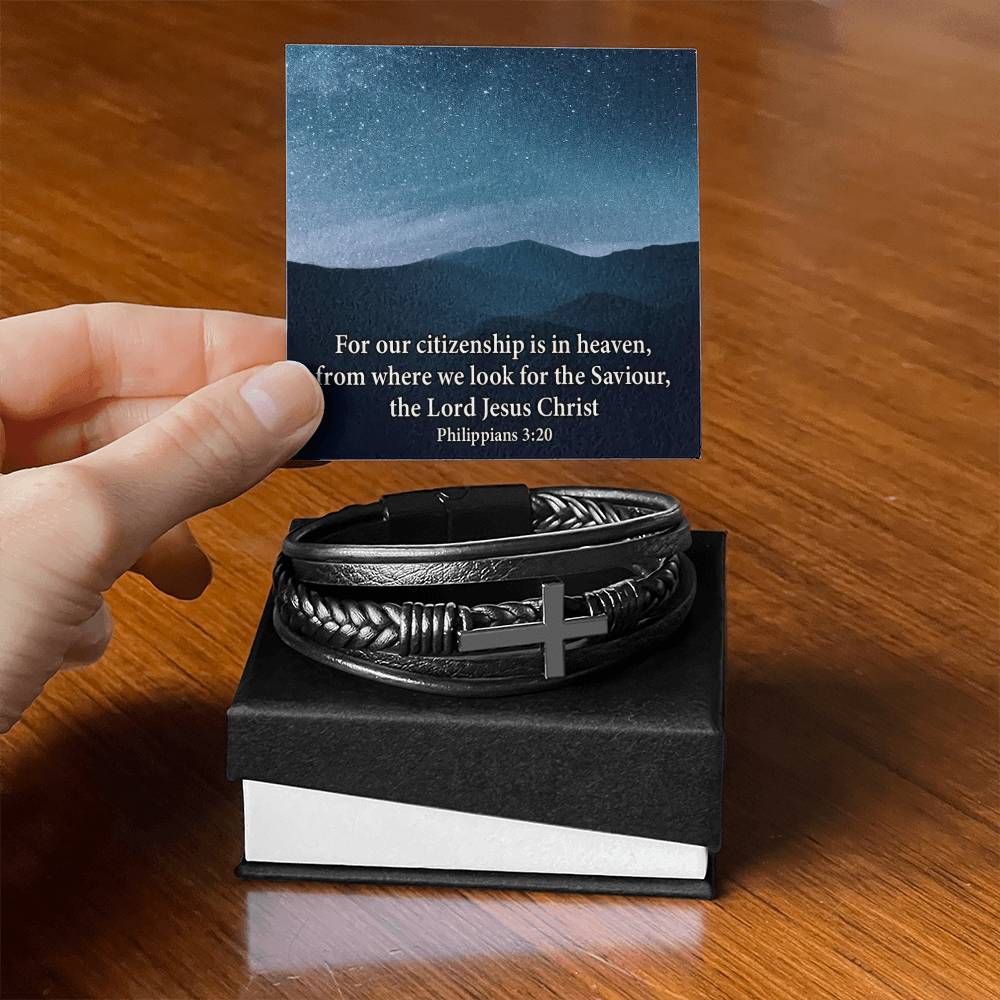 Citizenship in Heaven Philippians 3:20 Men's Stainless Steel & Vegan Leather Cross Bracelet - Vegan Leather with Stainless Steel-Express Your Love Gifts