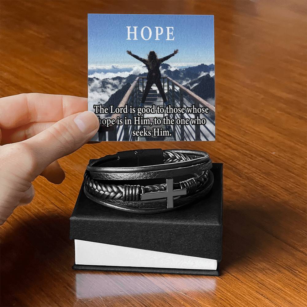 Hope is in Him Men's Stainless Steel & Vegan Leather Cross Bracelet - Vegan Leather with Stainless Steel-Express Your Love Gifts