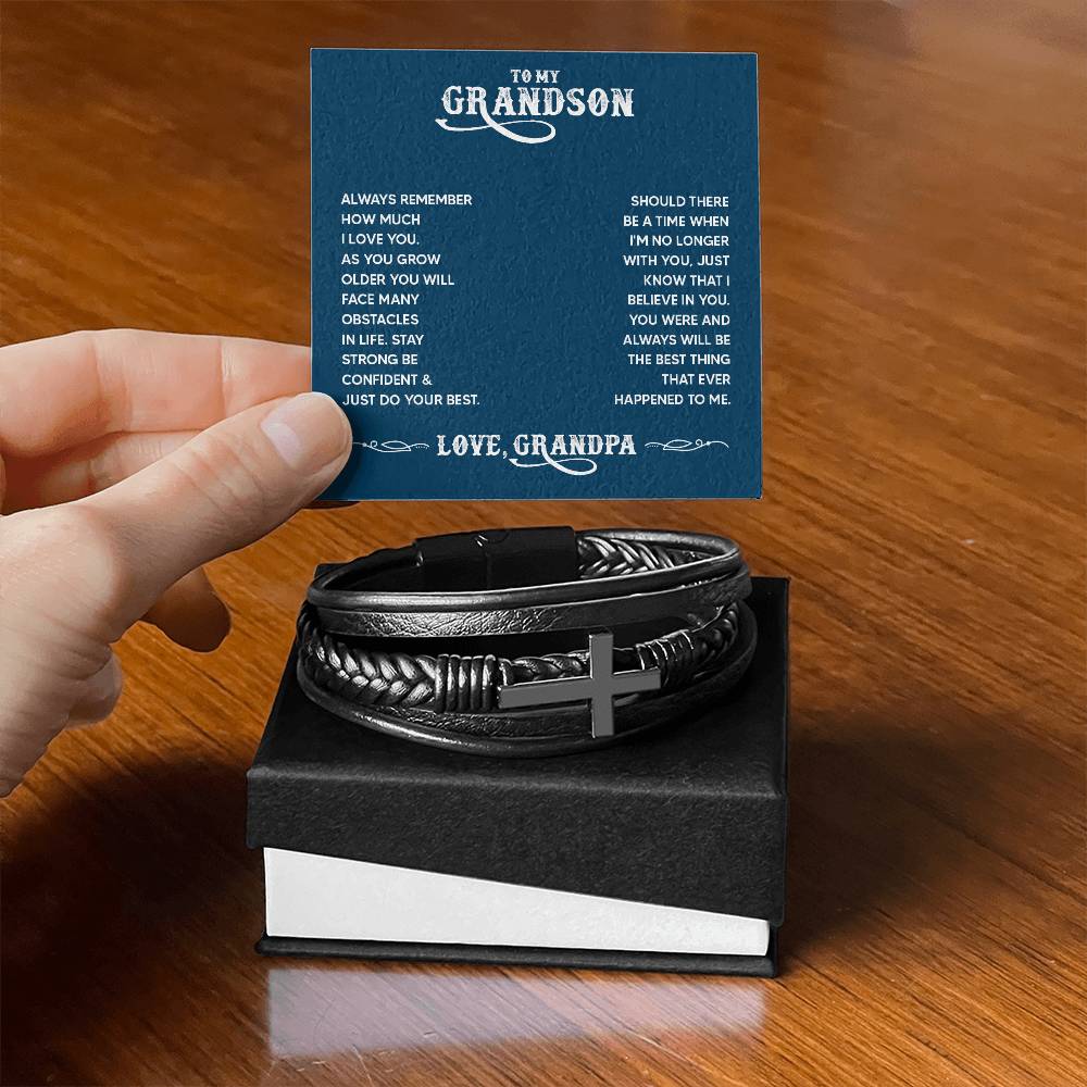 To My Grandson Always Remember From Grandpa Men's Cross Bracelet - Vegan Leather with Stainless Steel-Express Your Love Gifts