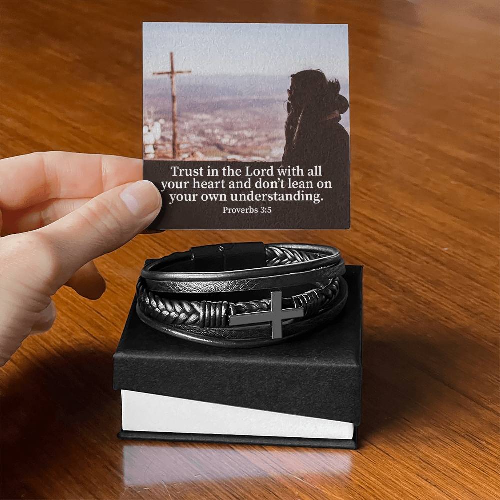 Trust Proverbs 3:5 Men's Stainless Steel & Vegan Leather Cross Bracelet - Vegan Leather with Stainless Steel-Express Your Love Gifts