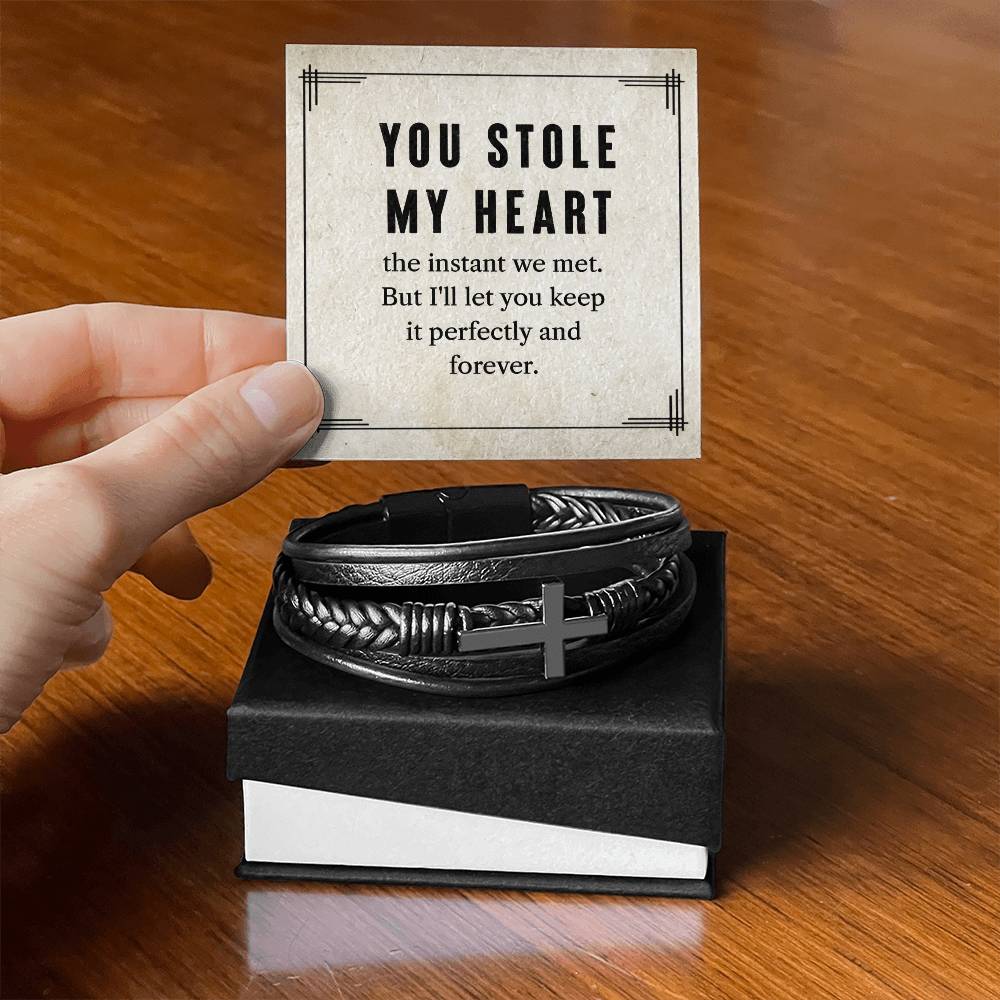 My To Man You Stole My Heart Men's Cross Bracelet - Vegan Leather with Stainless Steel-Express Your Love Gifts