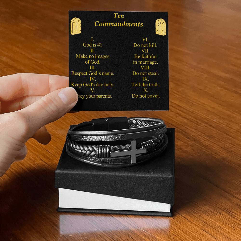 Ten Commandments Men's Stainless Steel & Vegan Leather Cross Bracelet - Vegan Leather with Stainless Steel-Express Your Love Gifts