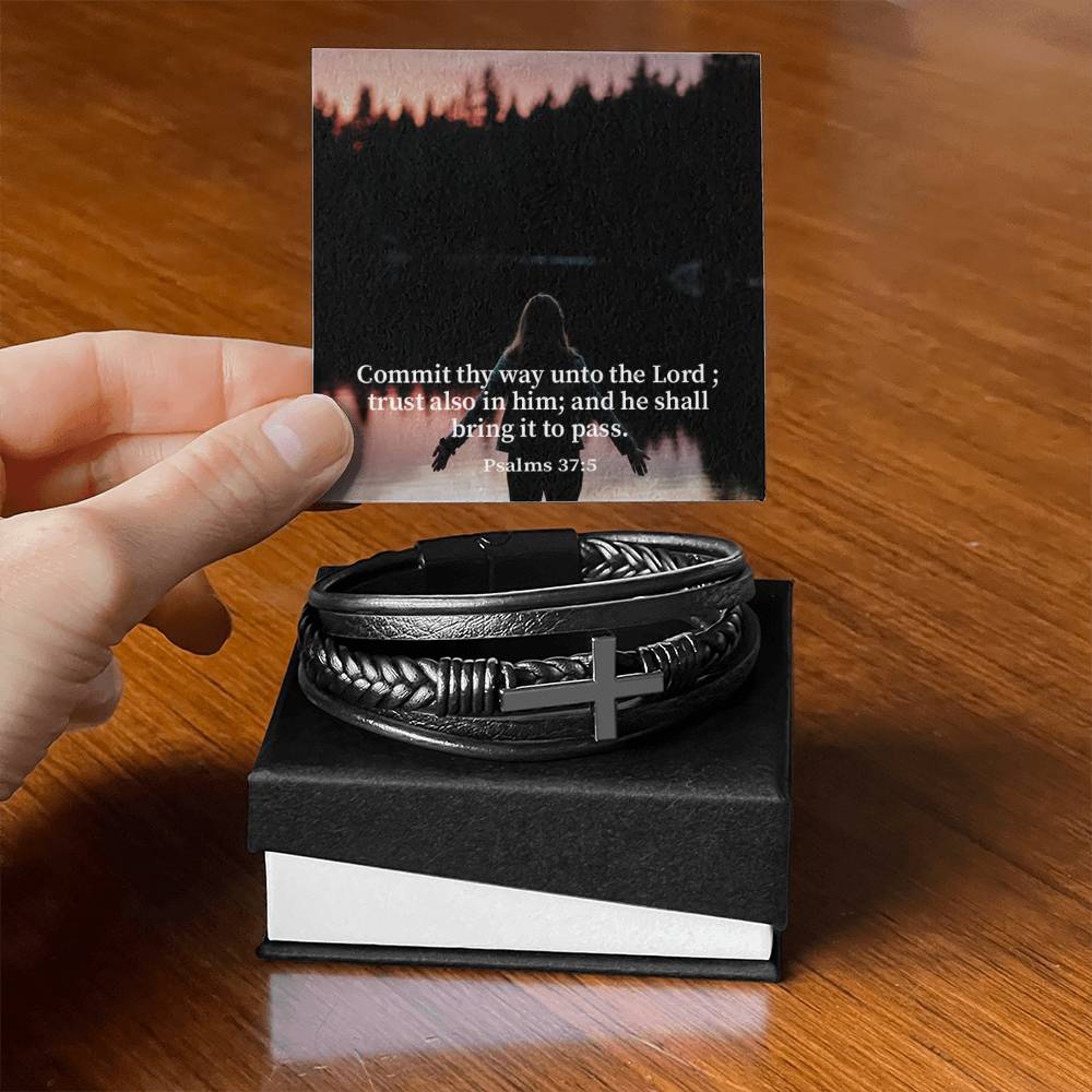 Commit Psalm 37:5 Men's Stainless Steel & Vegan Leather Cross Bracelet - Vegan Leather with Stainless Steel-Express Your Love Gifts