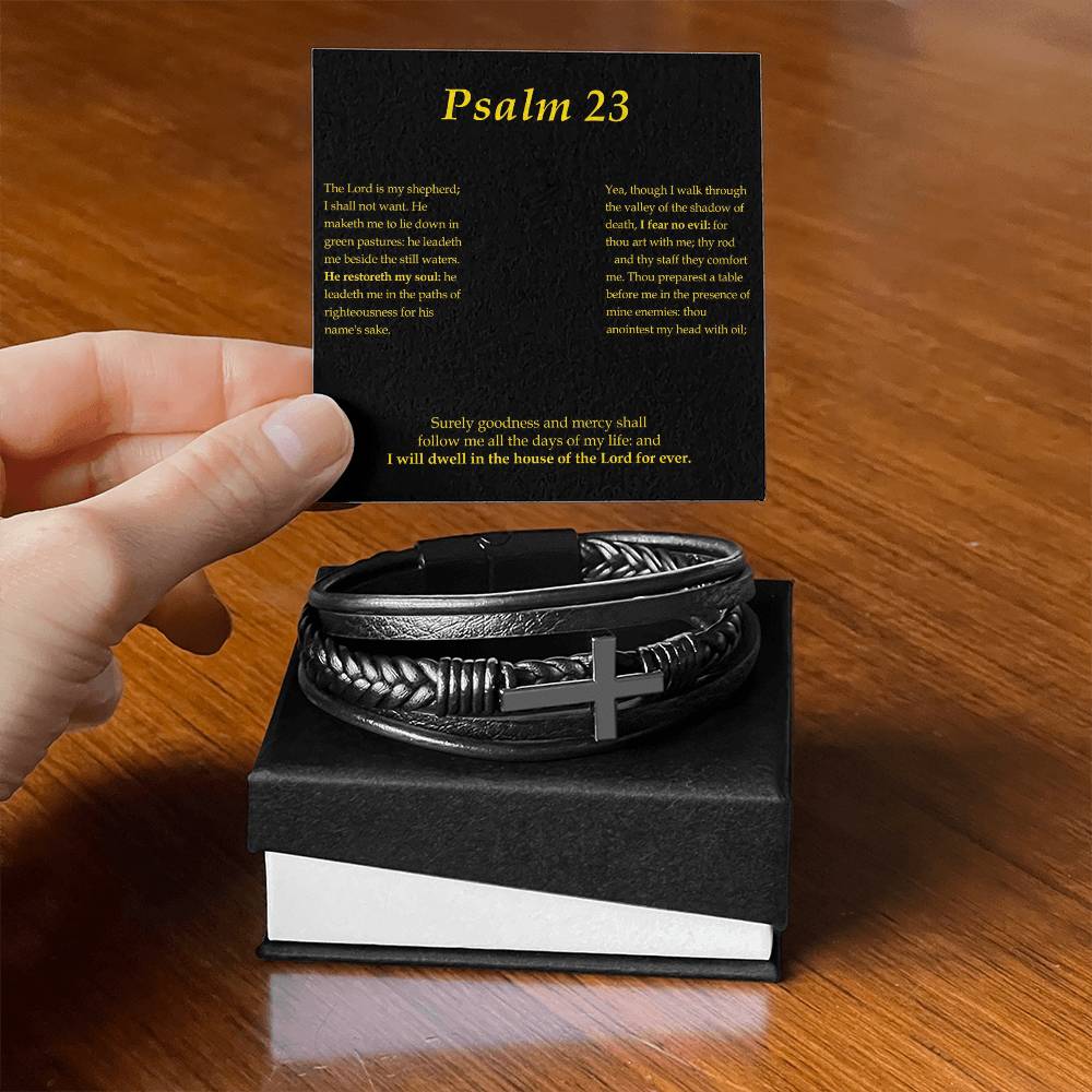 Psalm 23 Men's Stainless Steel & Vegan Leather Cross Bracelet - Vegan Leather with Stainless Steel-Express Your Love Gifts