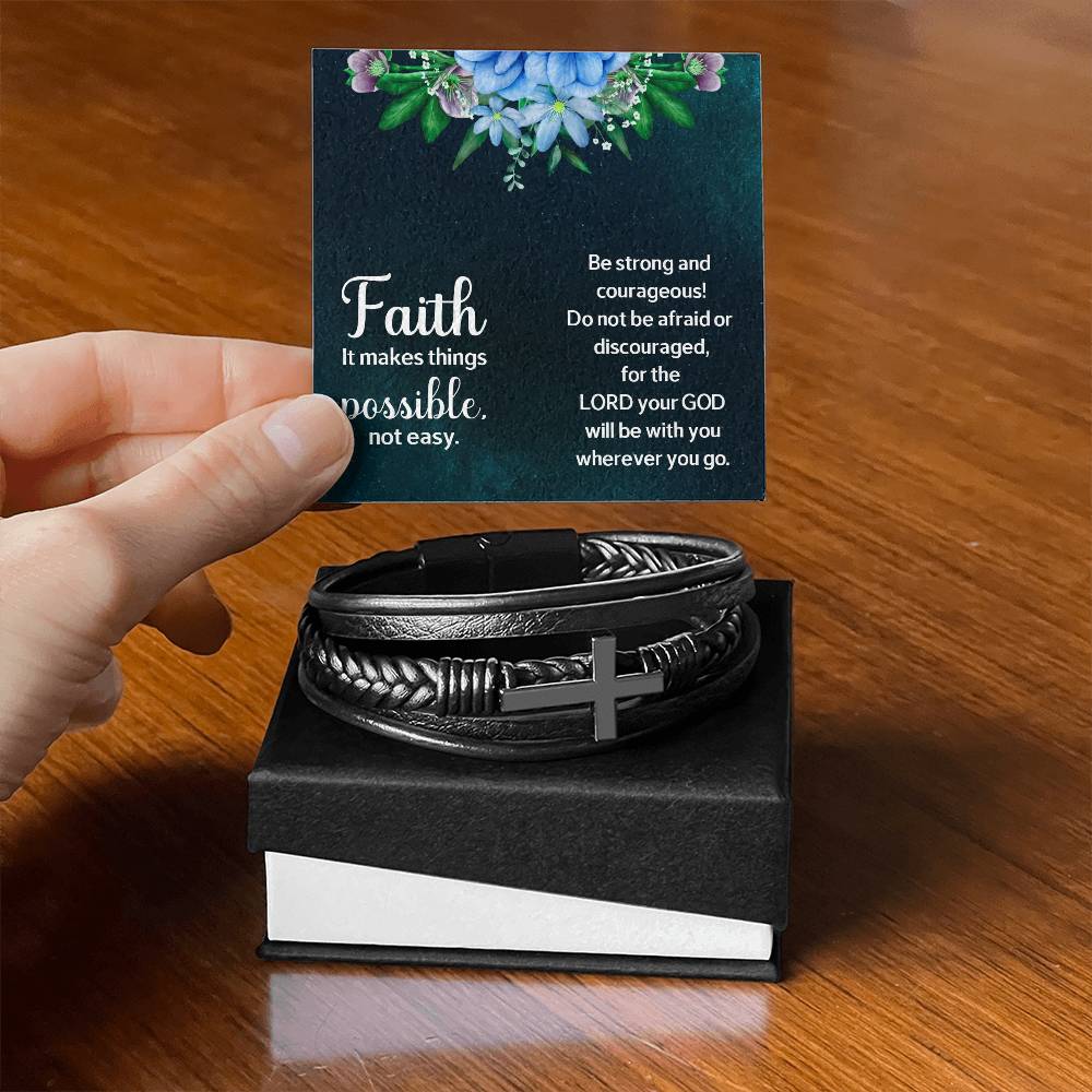 Faith Makes Things Possible Men's Stainless Steel & Vegan Leather Cross Bracelet - Vegan Leather with Stainless Steel-Express Your Love Gifts