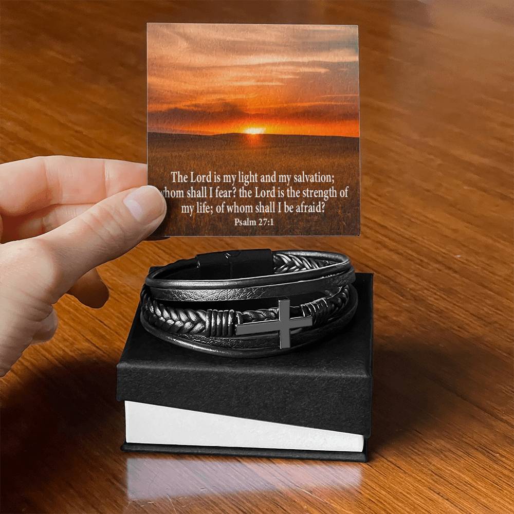 Lord is My Salvation Psalm 27:1 Men's Stainless Steel & Vegan Leather Cross Bracelet - Vegan Leather with Stainless Steel-Express Your Love Gifts