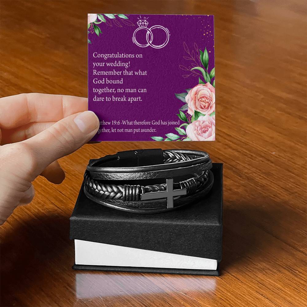 Wedding Message Faith Matthew 9:16 Men's Stainless Steel & Vegan Leather Cross Bracelet - Vegan Leather with Stainless Steel-Express Your Love Gifts
