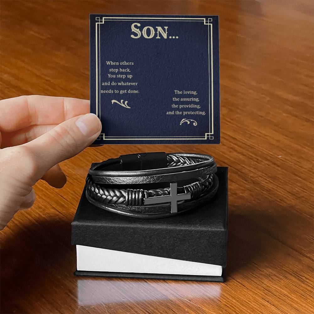 To My Son When Others Step Back Men's Cross Bracelet - Vegan Leather with Stainless Steel-Express Your Love Gifts