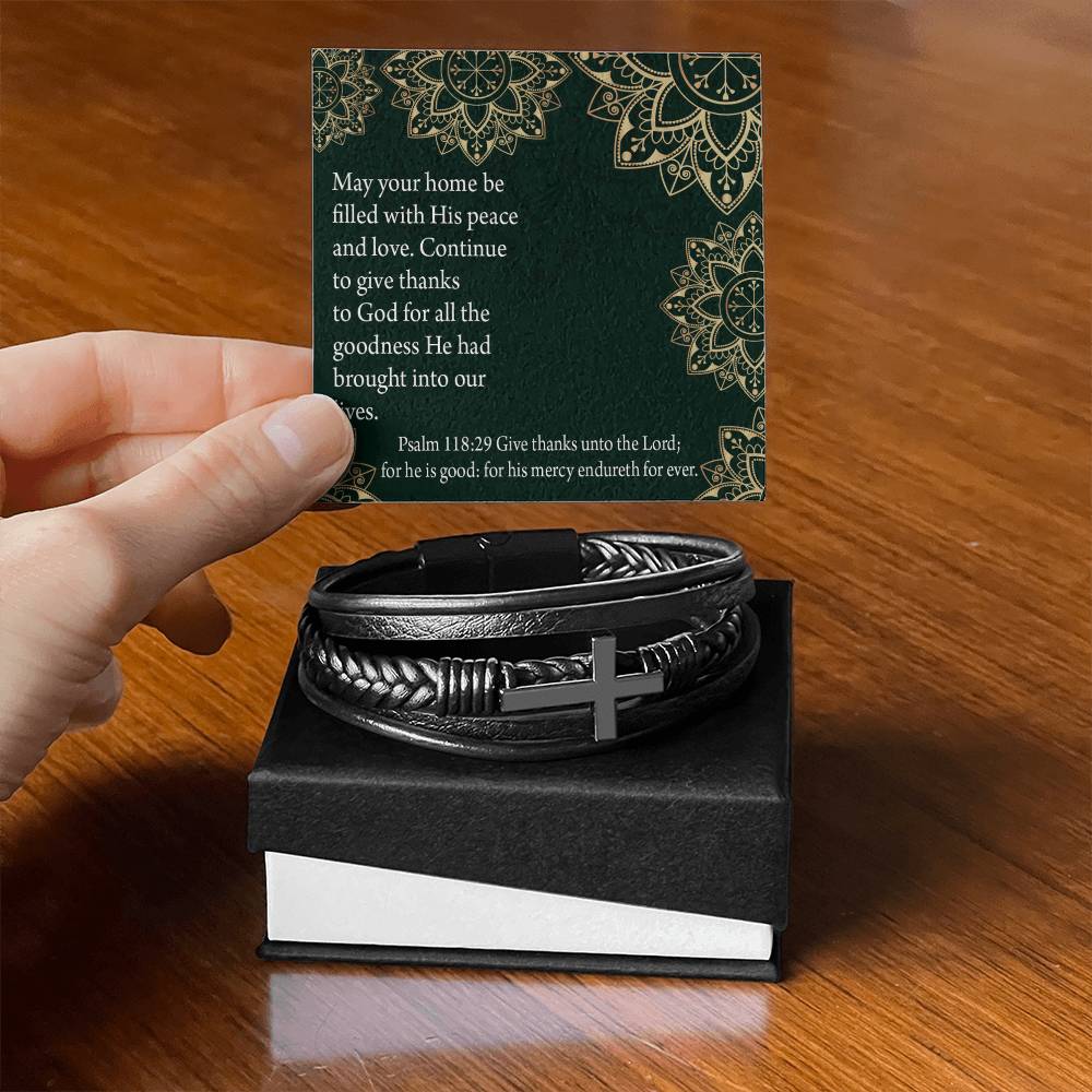 Thanksgiving Psalm 118:29 Men's Stainless Steel & Vegan Leather Cross Bracelet - Vegan Leather with Stainless Steel-Express Your Love Gifts