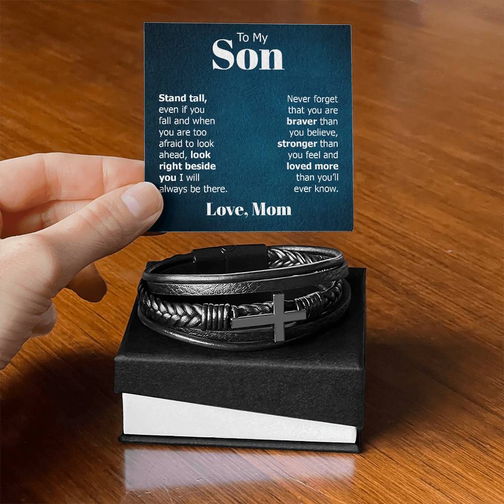 To My Son Stand Tall Even if You Fall Men's Cross Bracelet - Vegan Leather with Stainless Steel-Express Your Love Gifts