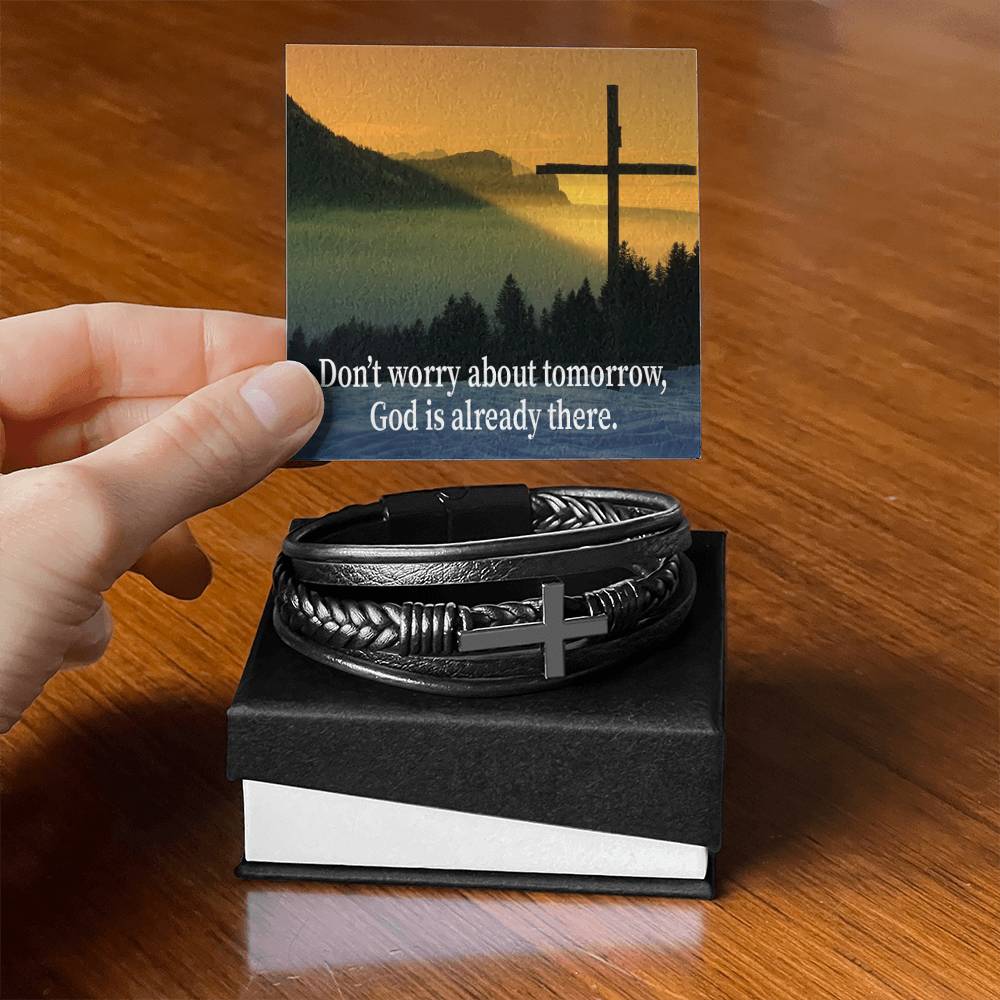Don’t Worry About Tomorrow Men's Stainless Steel & Vegan Leather Cross Bracelet - Vegan Leather with Stainless Steel-Express Your Love Gifts