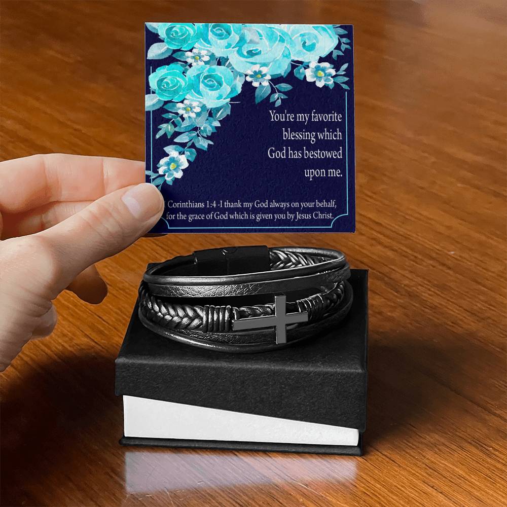 Thinking of You 1 Corinthians 1:4 Men's Stainless Steel & Vegan Leather Cross Bracelet - Vegan Leather with Stainless Steel-Express Your Love Gifts