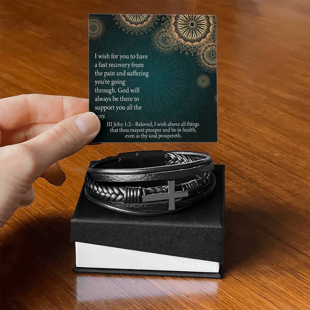 Get Well God's Support 3 John 1:2 Men's Stainless Steel & Vegan Leather Cross Bracelet - Vegan Leather with Stainless Steel-Express Your Love Gifts