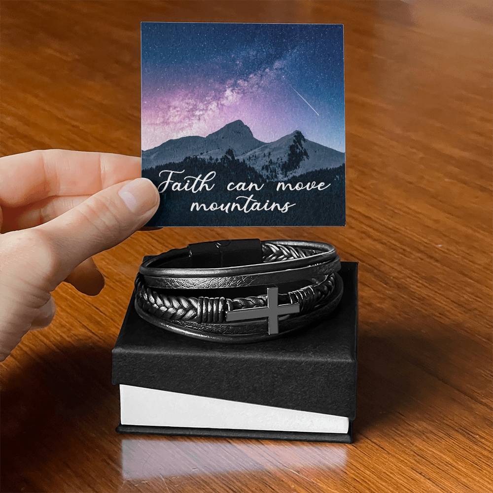 Faith Can Move Mountains Men's Stainless Steel & Vegan Leather Cross Bracelet - Vegan Leather with Stainless Steel-Express Your Love Gifts