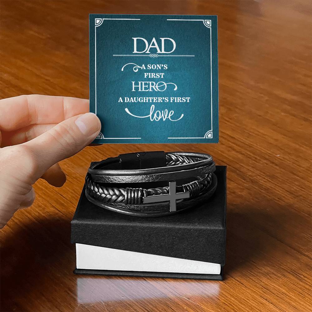 Dad a Sons First Hero Men's Cross Bracelet - Vegan Leather with Stainless Steel-Express Your Love Gifts
