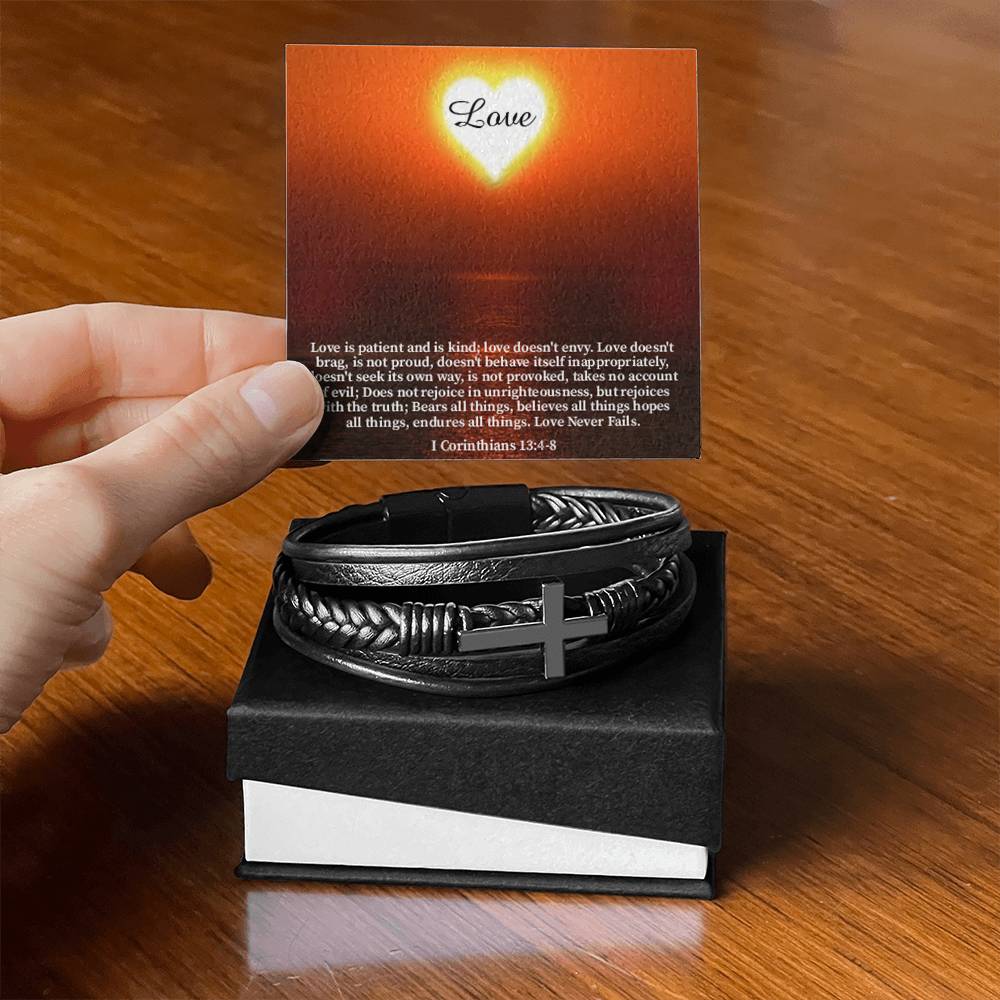 Love Message 1 Corinthians 13:4-8 Men's Stainless Steel & Vegan Leather Cross Bracelet - Vegan Leather with Stainless Steel-Express Your Love Gifts