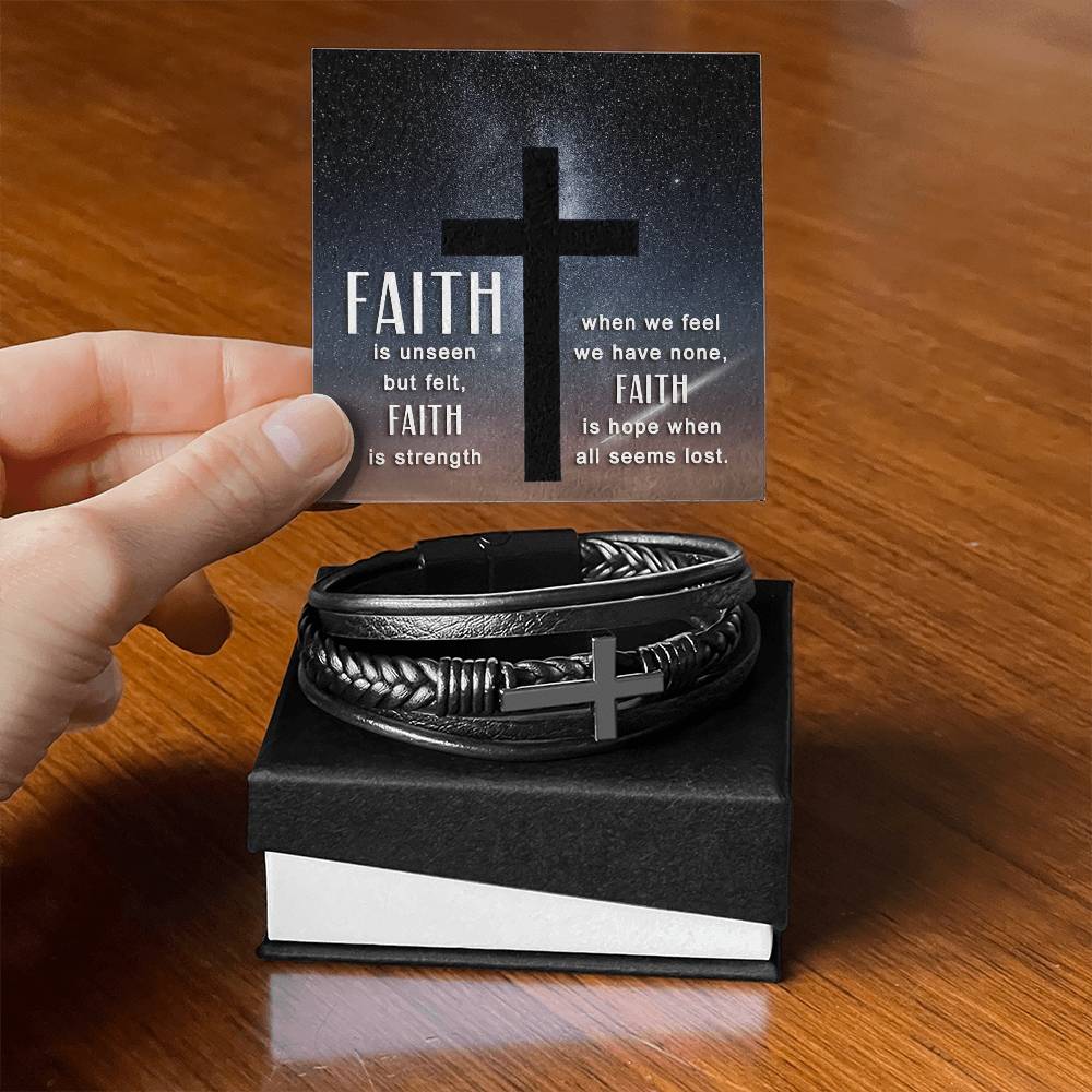 Faith is Unseen But Felt Men's Stainless Steel & Vegan Leather Cross Bracelet - Vegan Leather with Stainless Steel-Express Your Love Gifts