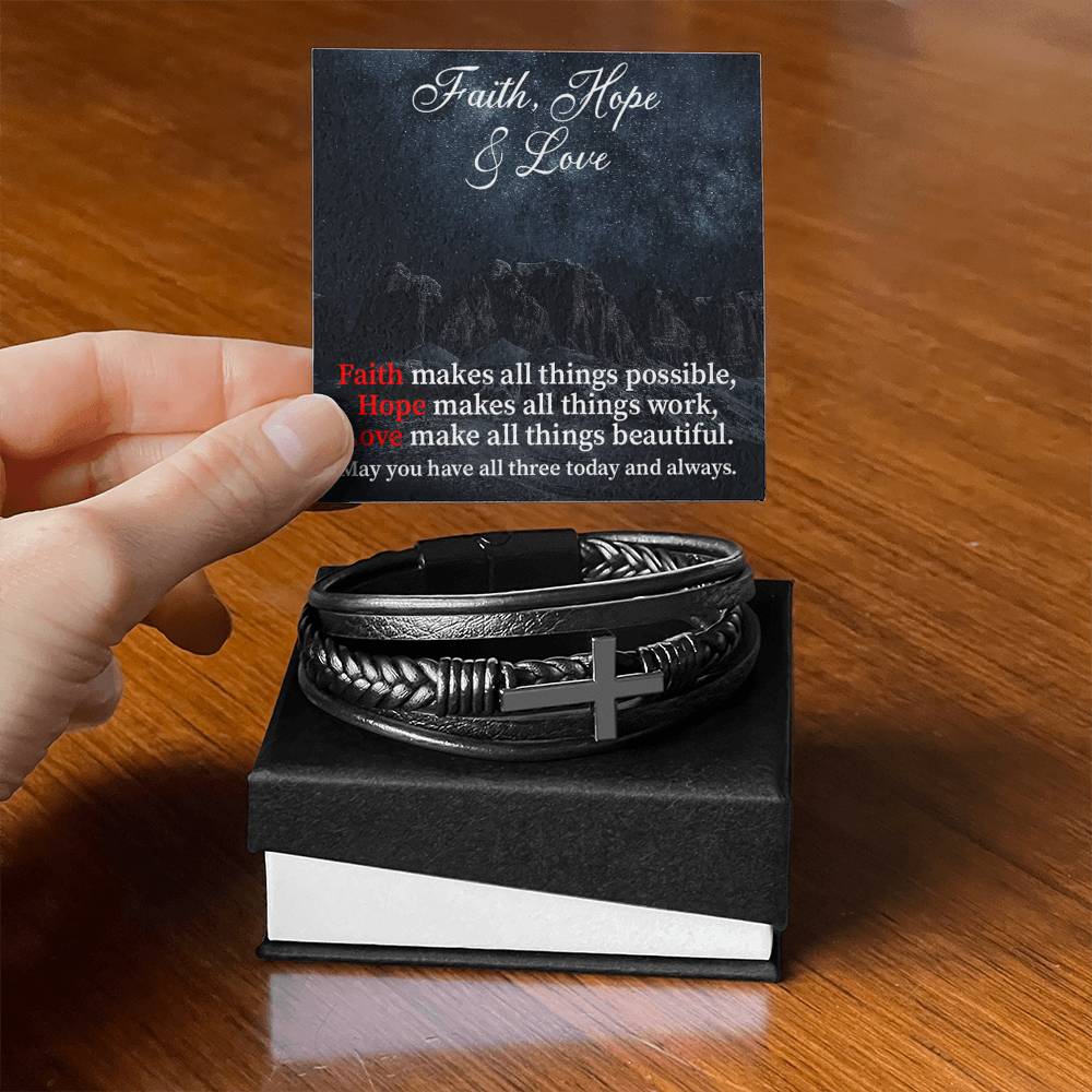 Faith Hope & Love Men's Stainless Steel & Vegan Leather Cross Bracelet - Vegan Leather with Stainless Steel-Express Your Love Gifts