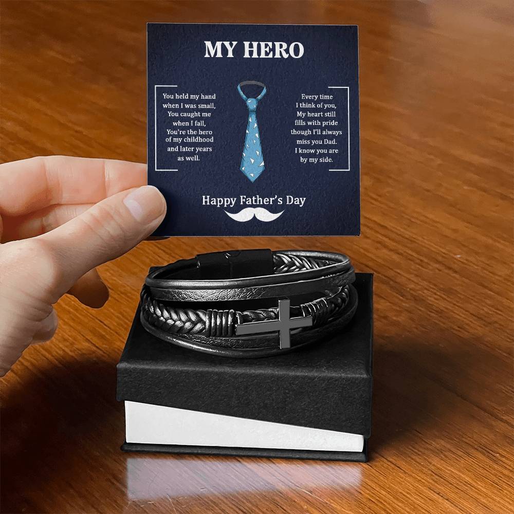 Dad My Hero Men's Cross Bracelet - Vegan Leather with Stainless Steel-Express Your Love Gifts