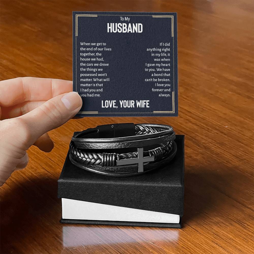 To My Husband When We Get to the End of Our Lives Men's Cross Bracelet - Vegan Leather with Stainless Steel-Express Your Love Gifts