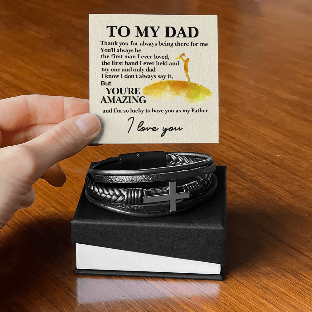 Lucky To Have You As My Father Men's Cross Bracelet - Vegan Leather with Stainless Steel-Express Your Love Gifts