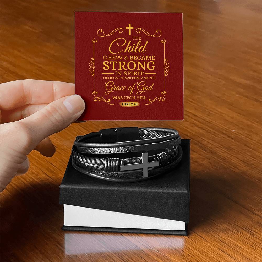 Grace of God Luke 2:40 Men's Stainless Steel & Vegan Leather Cross Bracelet - Vegan Leather with Stainless Steel-Express Your Love Gifts