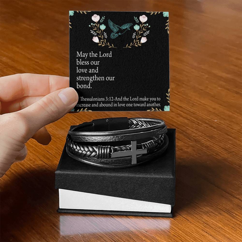 Lord Bless Our Love 1 Thessalonians 3:12 Men's Stainless Steel & Vegan Leather Cross Bracelet - Vegan Leather with Stainless Steel-Express Your Love Gifts