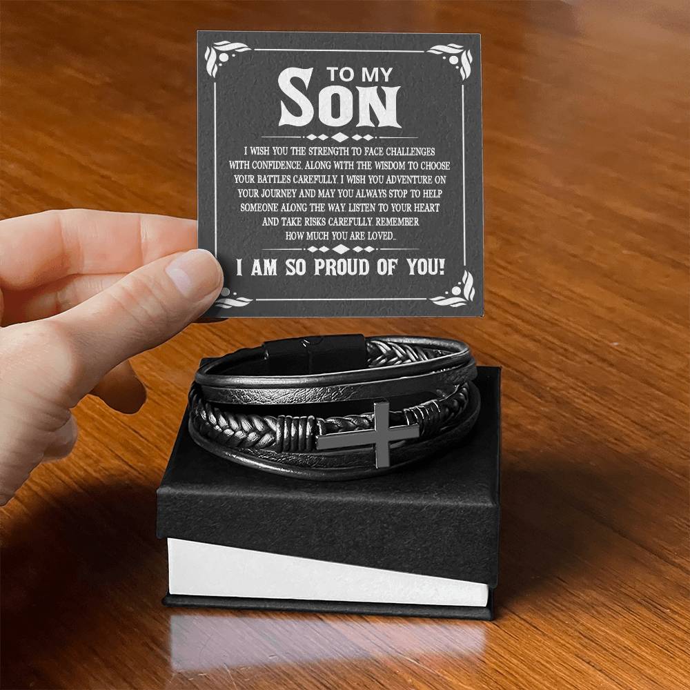To My Son I Wish You the Strength to Face Challenges Men's Cross Bracelet - Vegan Leather with Stainless Steel-Express Your Love Gifts