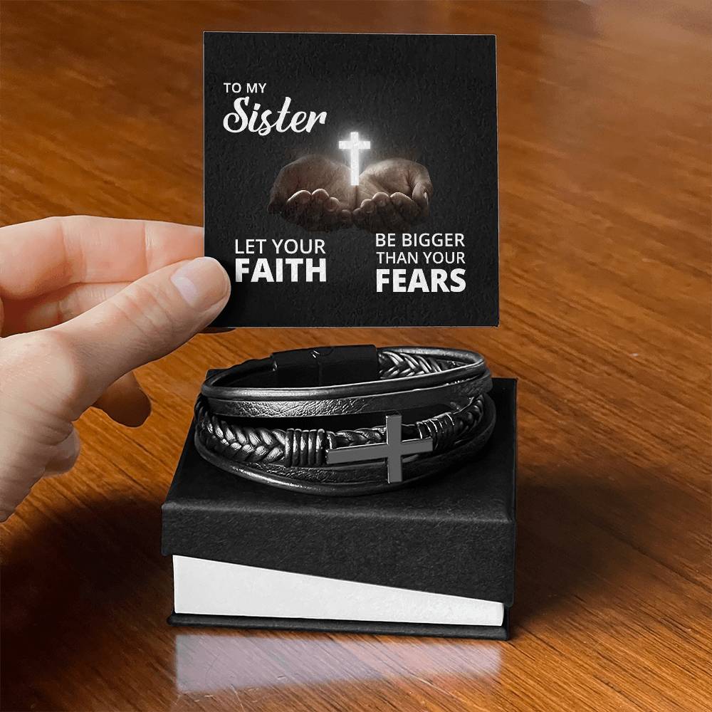 Let Your Faith Be Bigger Than Your Fears Isaiah 41:10 Men's Stainless Steel & Vegan Leather Cross Bracelet - Vegan Leather with Stainless Steel-Express Your Love Gifts