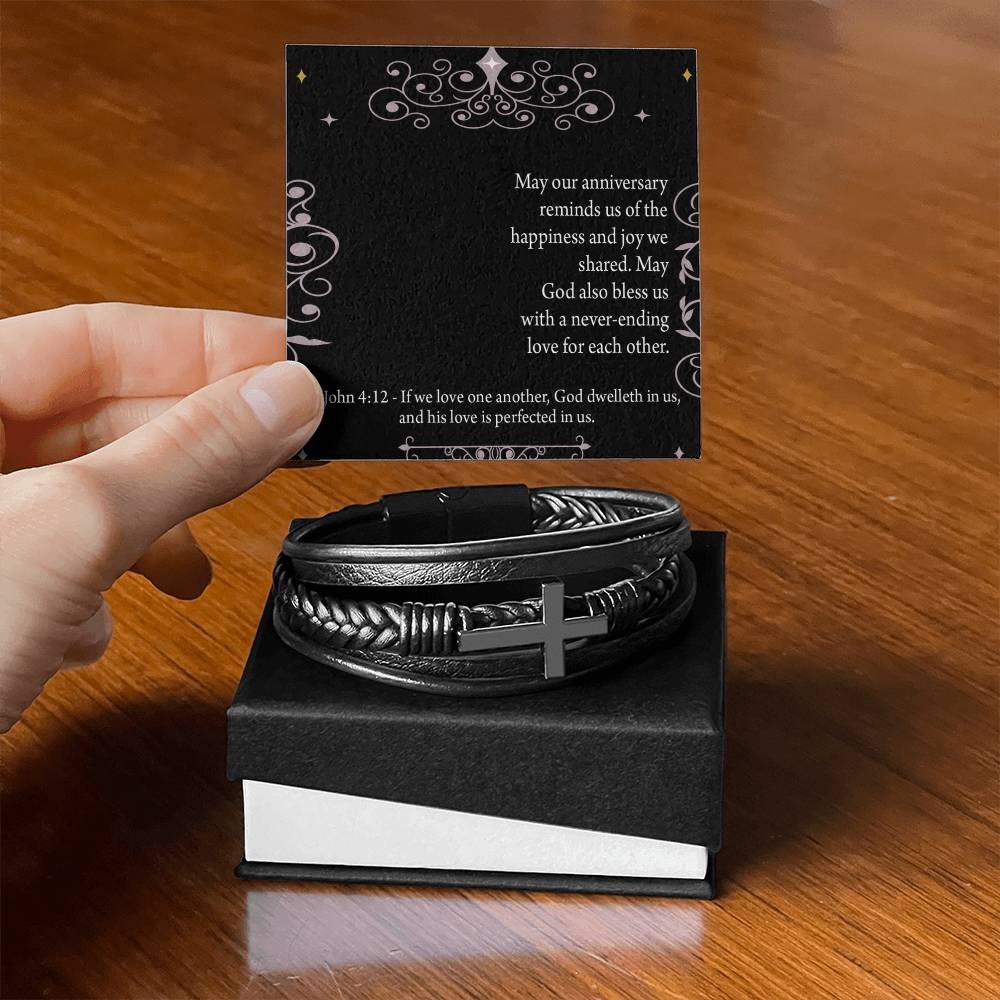 Happiness 1 John 4:12 Men's Stainless Steel & Vegan Leather Cross Bracelet - Vegan Leather with Stainless Steel-Express Your Love Gifts