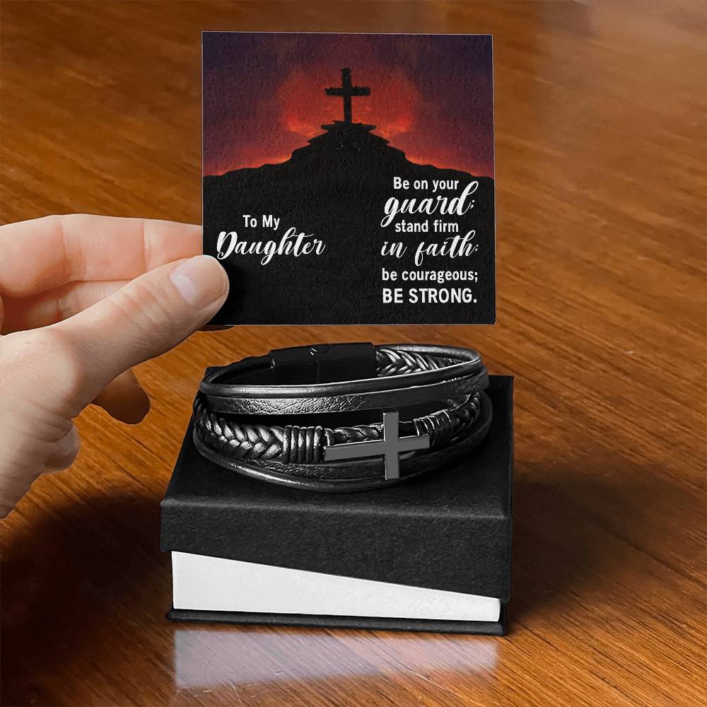 Stand Firm in Faith Joshua 1:9 Men's Stainless Steel & Vegan Leather Cross Bracelet - Vegan Leather with Stainless Steel-Express Your Love Gifts
